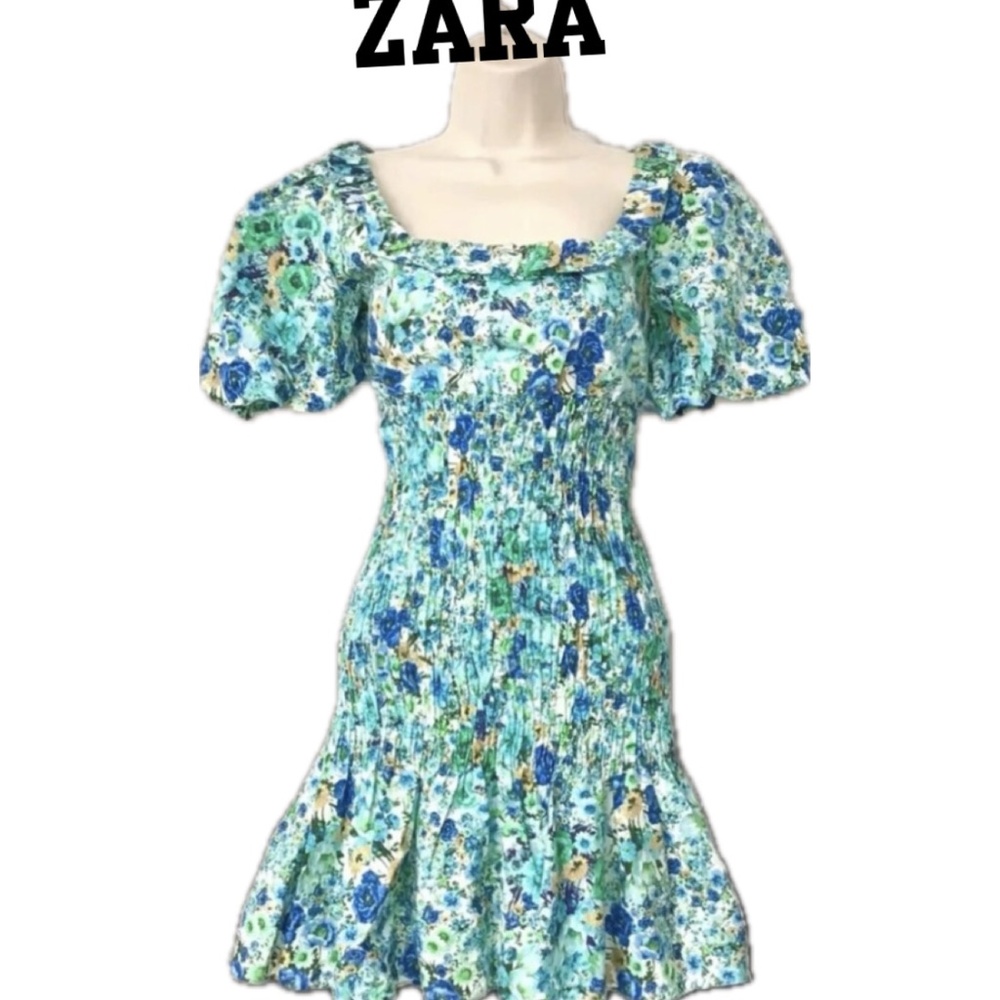 ZARA XS Floral Smocked Puff Sleeve Mini Dress